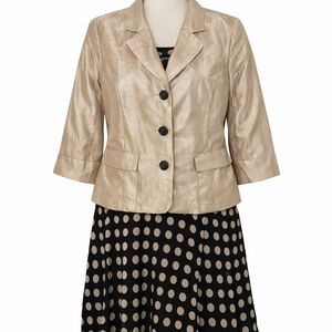 Dana Kay Shimmering Beige Gold Blazer & Black & Gold Polka Dot Skirt Suiy
